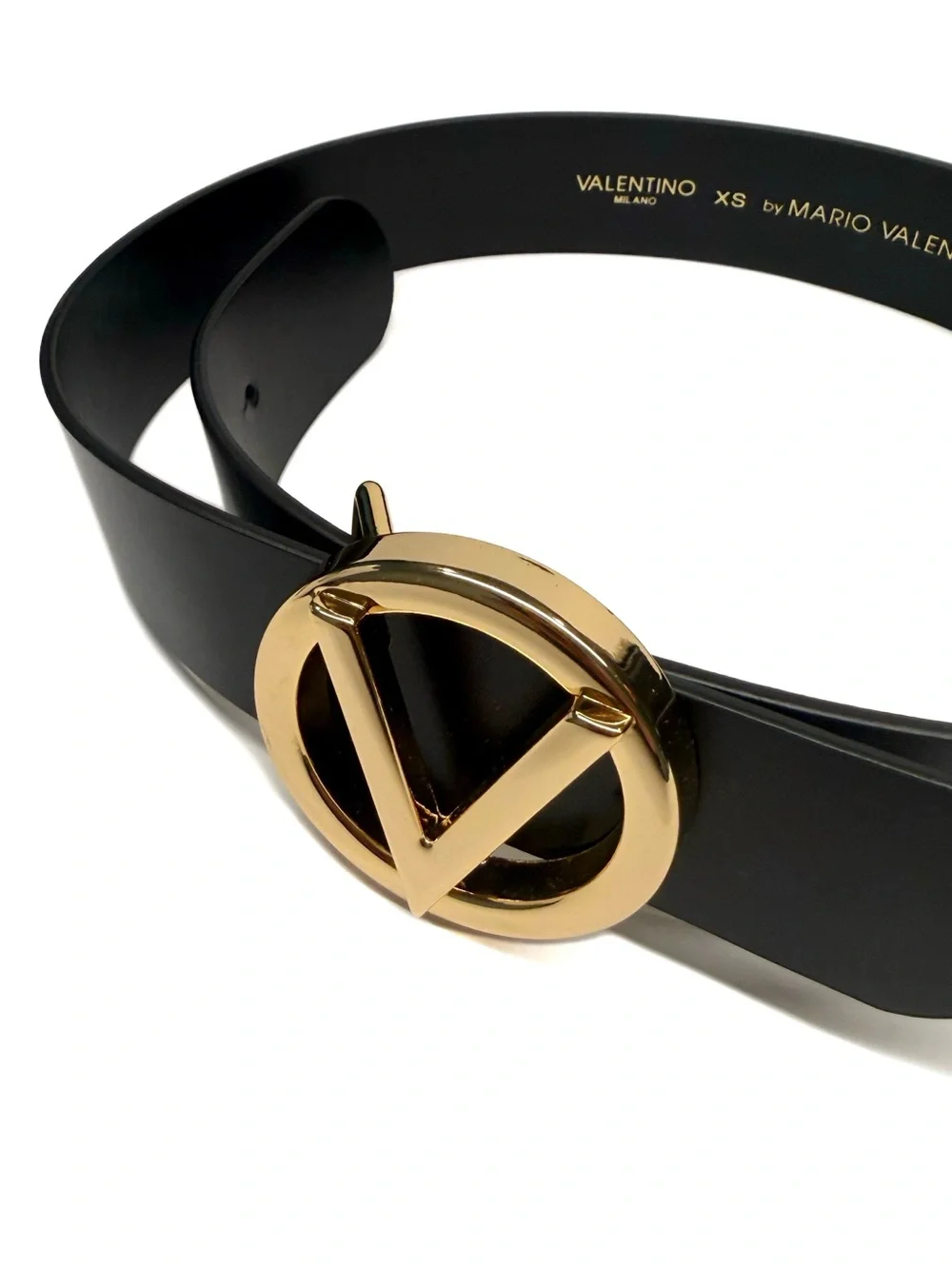 Valentino Gold V Logo Black Leather Belt NWT